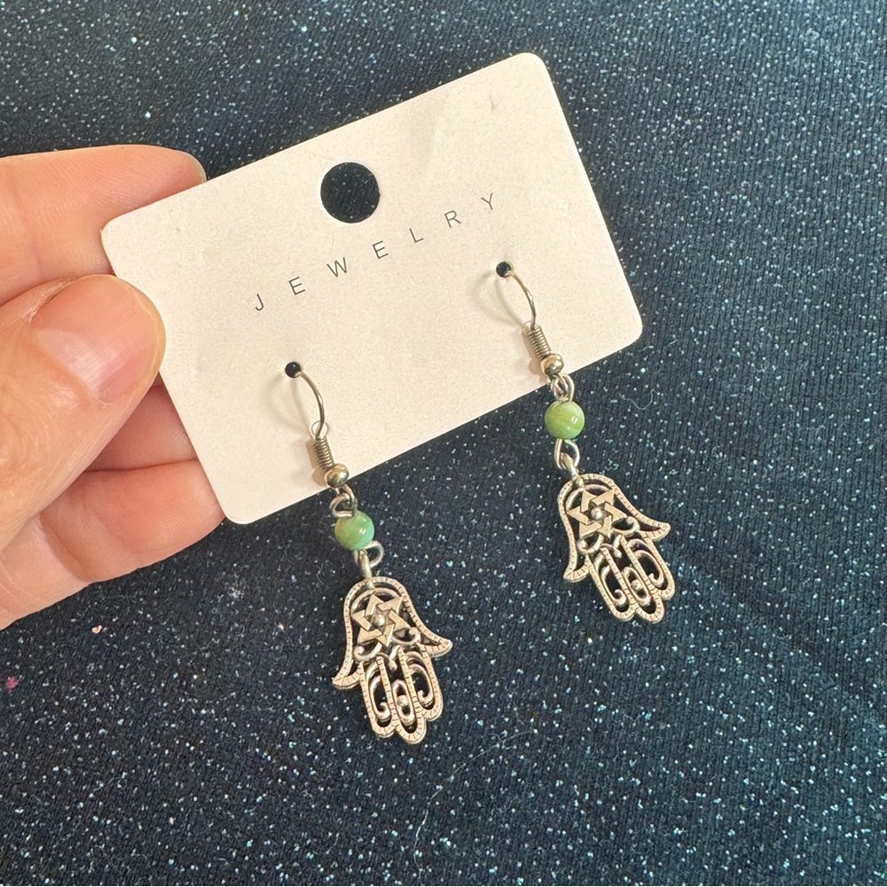 Hamsa Dangle Earrings with a Green Bead | Yoga, Indian